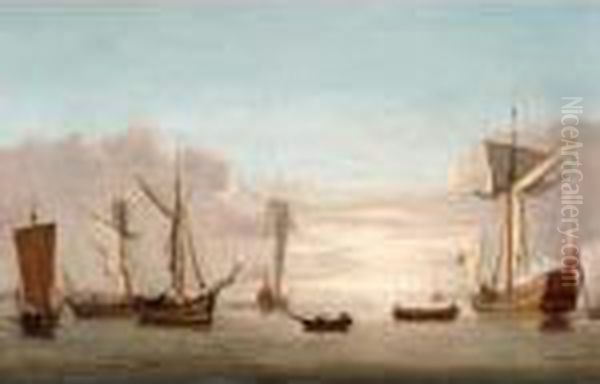 Third Raters At Anchor With Surrounding Shipping Oil Painting by Peter Monamy