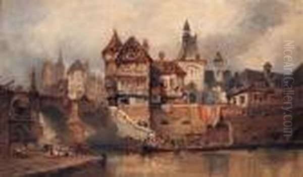 Figures On A Barge, With Washerwomen In The Foreground,copenhagen Oil Painting by Alfred Montague