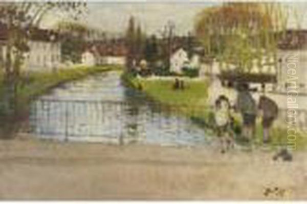Sur Le Pont De Moret Sur Loing Oil Painting by Pierre Eugene Montezin