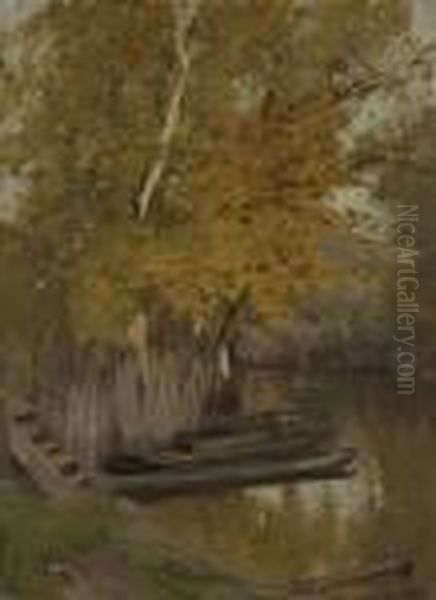 Herbstlicher Spreearm Mit Ruderbooten Oil Painting by Walter Moras