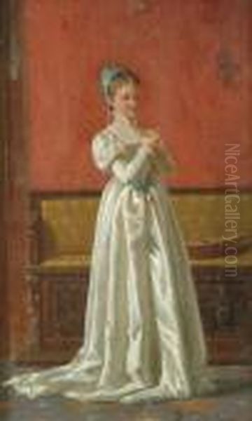 A Young Womanstanding In An Interior Oil Painting by Domenico Morelli