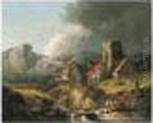 Figures Crossing A Stream With A Church Beyond Oil Painting by George Morland