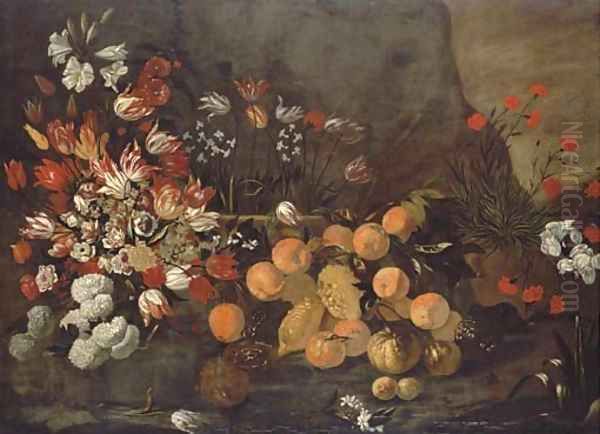 Oranges and lemons with tulips, chrysanthemums, lilies, peonies and other flowers in a vase, in a landscape with carnations and an orchid Oil Painting by Giovanni Battista Ruoppolo