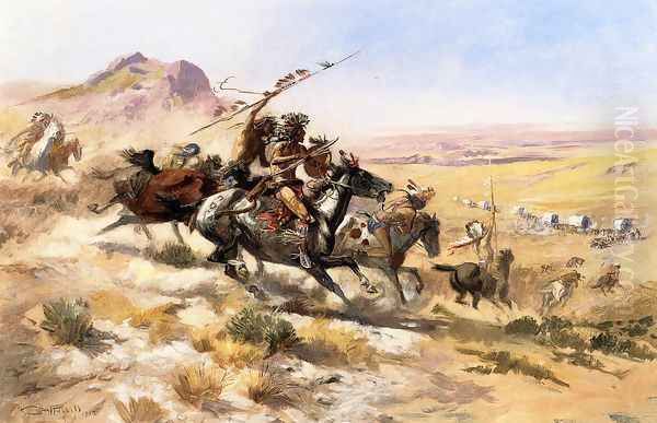 Attack on a Wagon Train Oil Painting by Charles Marion Russell