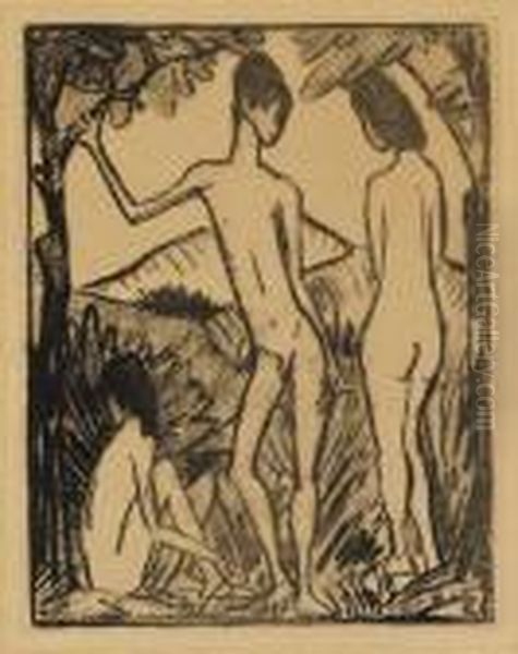 Stehender Knabe Und Zweimadchen 2 Oil Painting by Otto Mueller