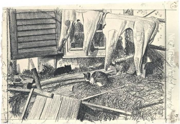 Fruhlingssonne (wasche Auf Der Leine) Oil Painting by Richard Muller