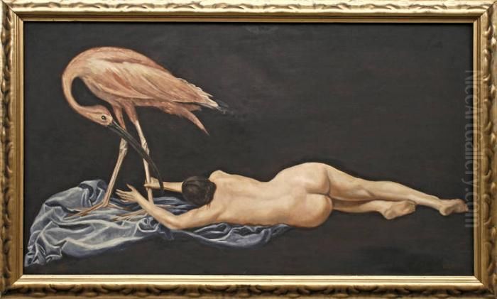 Liegender Frauenakt Mit Rosa Storchenvogel Vor Dunklem Grund Oil Painting by Richard Muller