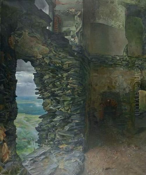 Die Ruine Bosig In Bohmen. Oil Painting by Richard Muller