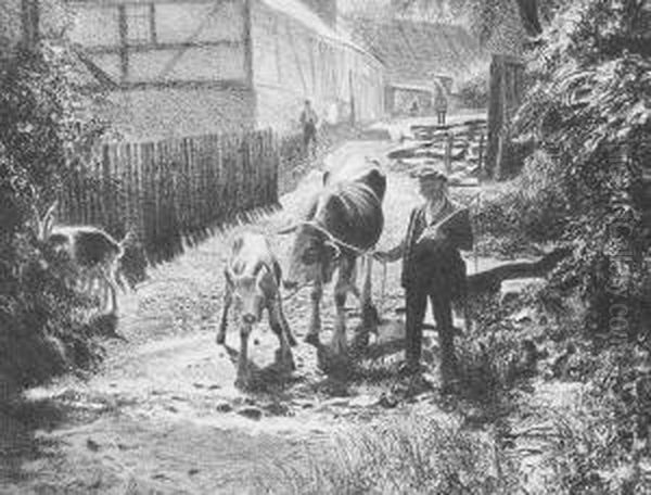 Kuhhirte Mit Tieren In 
Dorflicher Umgebung. Kohlezeichnung Auf Maschinenbutten. 18,5 X 23,4 Cm.
 1935. Links Unten Signiert Und Datiert. Im Passepartout, Unter Glas 
Gerahmt. Oil Painting by Richard Muller