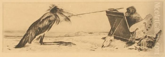 Der Kunstler (affe, Ein Marabu Malend) Oil Painting by Richard Muller Der Kunstler (affe, Ein Marabu Malend) Oil Painting by Richard Muller