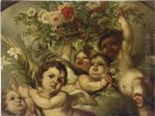 Putti With A Basket Of Flowers Oil Painting by Bartolome Esteban Murillo
