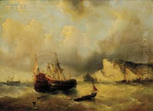 Ship And Dory By The Cliffs Oil Painting by Francois Etienne Musin