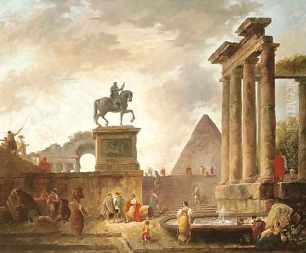 A capriccio with troubadours and washerwomen by a basin among Roman ruins, a pyramid beyond Oil Painting by Hubert Robert
