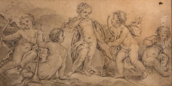 Putti With Musical Instruments Oil Painting by Charles Joseph Natoire