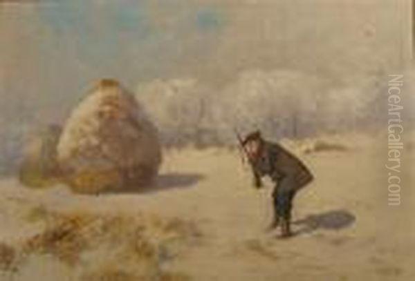 Huntsman In Winter Landscape Oil Painting by Antal Neogrady