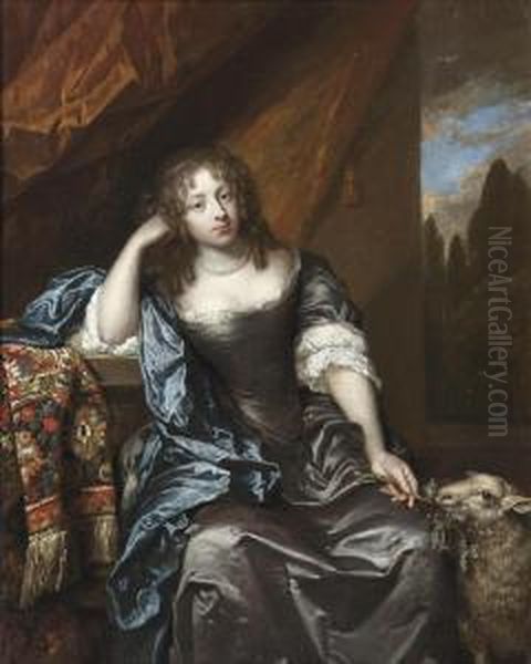 Portrait Of A Lady, Seated 
Three-quarter-length, In A Grey Silkdress With Lace Chemise, Blue Wrap 
And A Pearl Necklace, Holding Abranch In Her Left Hand, A Lamb At Her 
Side Oil Painting by Caspar Netscher