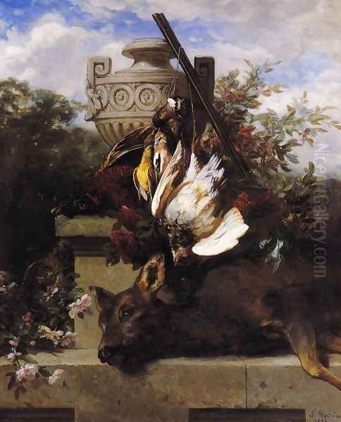 Still Life with Game and a Rifle on a Marble Ledge with an Urn in a Flowery Landscape Oil Painting by Jean-Baptiste Robie