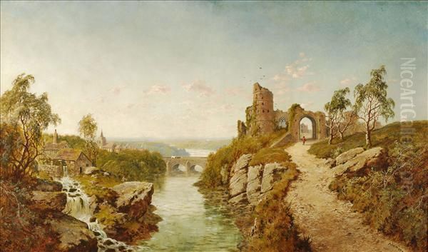 Aruined Castle Overlooking A River Valley Oil Painting by Edmund John Niemann, Snr.