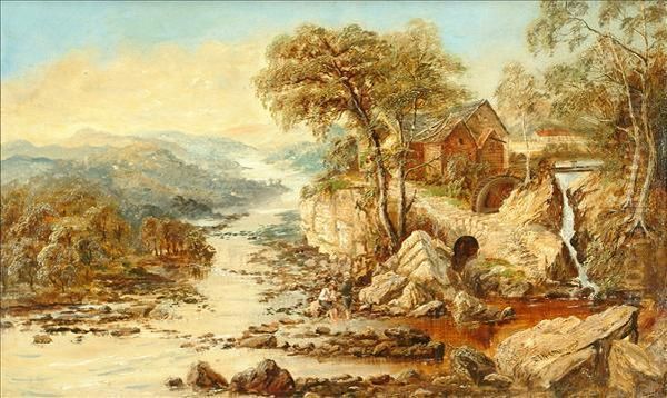 Fishing By The Watermill Oil Painting by Edmund John Niemann, Snr.