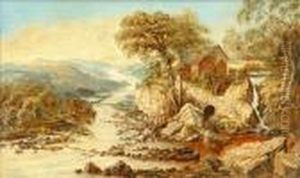 Fishing By Thewatermill Oil Painting by Edmund John Niemann