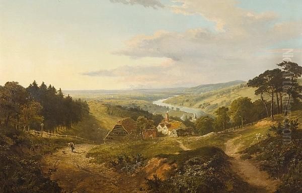 A Large Panoramic Landscape Towardsrunnimead Oil Painting by Edmund John Niemann