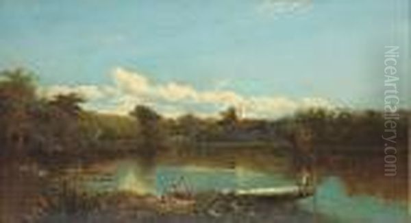 An Extensive Landscape With A Punt In The Foreground Oil Painting by Edmund John Niemann, Snr.