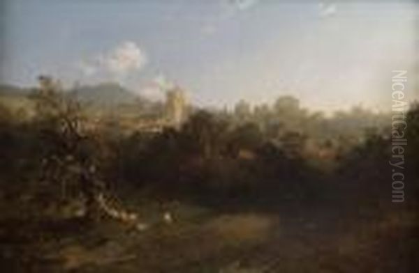 A View Of Avillage Oil Painting by Edmund John Niemann, Snr.