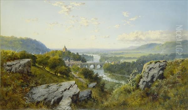 Darley Dalebridge, On The 
Derwent, Derbyshire, An Extensive Summer Landscapewith Figure On A Path 
In Evening Sunlight Oil Painting by Edmund John Niemann, Snr.
