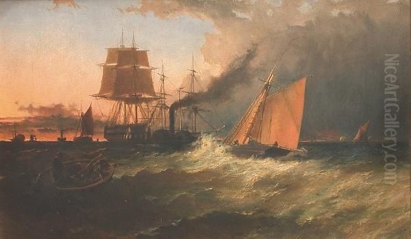 Towing In A Man O' War At Dusk Oil Painting by Edmund John Niemann, Snr.