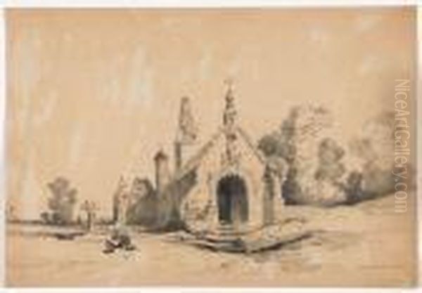 Paysanne Aupres D'une Tombe Pres
 D'une Eglise Et Couple Depaysans A La Sortie D'une Ville Oil Painting by Jules Achille-Noel