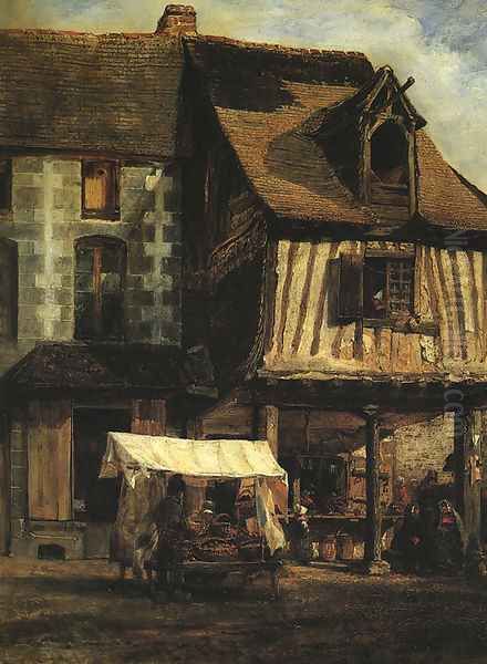 Market in Normandy (detail) 1830s Oil Painting by Theodore Rousseau