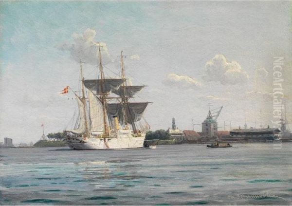 Grosser Segeldampfer Auf Ruhigem Wasserin Einem Danischen Hafen Oil Painting by Christian Benjamin Olsen