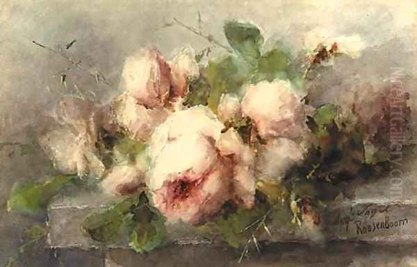 Pink roses on a ledge Oil Painting by Margaretha Roosenboom