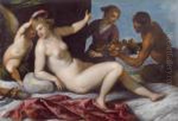 Venus Crowned By Cupid While Satyrs And A Nymph Hand Them Fruits Oil Painting by Acopo D'Antonio Negretti (see Palma Giovane)