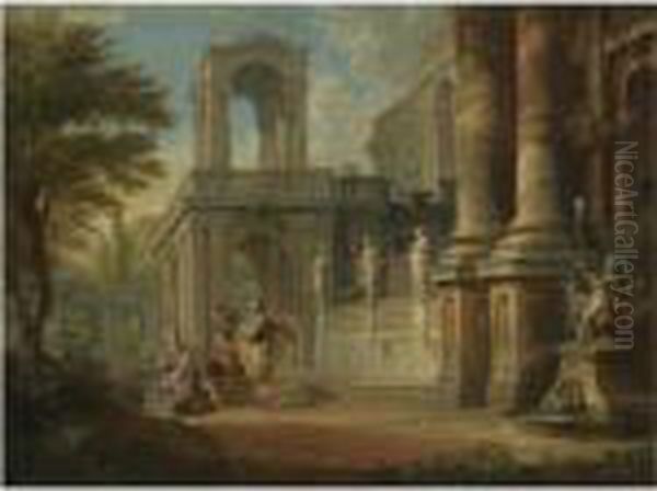 An Architectural Capriccio With 
Two Soldiers Addressing A Young Man, Figures On A Balcony Beyond Oil Painting by Giovanni Niccolo Servandoni