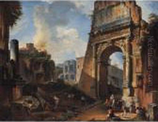 Veduta Ideata Con L'arco Di Tito Oil Painting by Giovanni Niccolo Servandoni