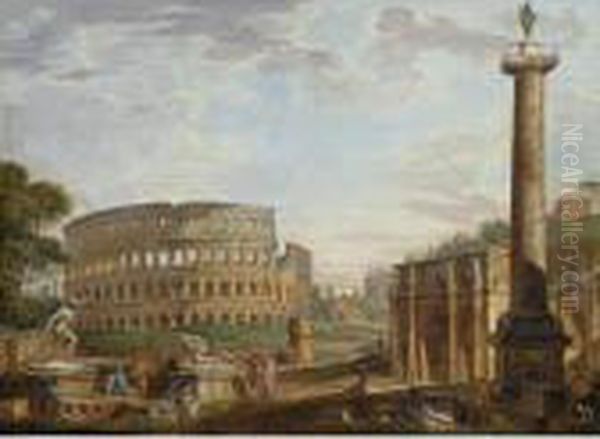Capriccio View Of The Colisseum 
And Arch Of Constantine Near The Roman Forum, With The Statue Of The 
Dying Gaul And Trajan's Column Oil Painting by Giovanni Niccolo Servandoni