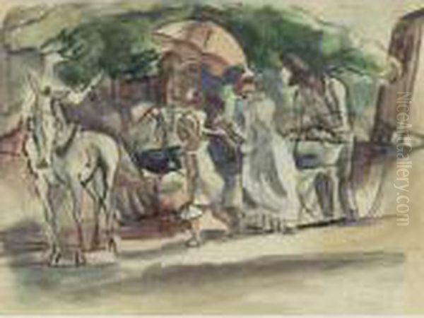 La Carosse A L'ombrelle Rosse Oil Painting by Jules Pascin