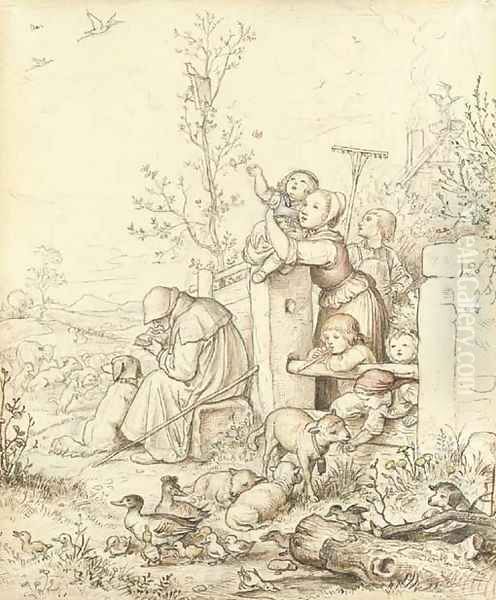 Der Lenz ist angekommen ('Spring is coming') Children at a cottage gate watching the returning storks, a seated shepherd reading by lambs Oil Painting by Adrian Ludwig Richter
