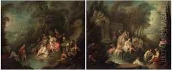 Fete Champetre With A Musician 
And A Statue Of Venus Behind; Andfete Champetre With Bathers In Front Of
 A Fountain Oil Painting by Jean-Baptiste Joseph Pater