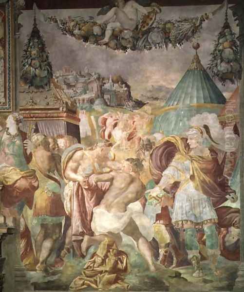 Marcus Furius Camillus 447-365 BC punishing the master of Falerii in 394 BC, from the Sala dellUdienza, 1545 Oil Painting by Francesco de' Rossi
