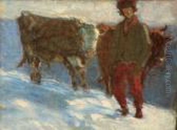 Hucul Z Krowami Oil Painting by Fryderyk Pautsch