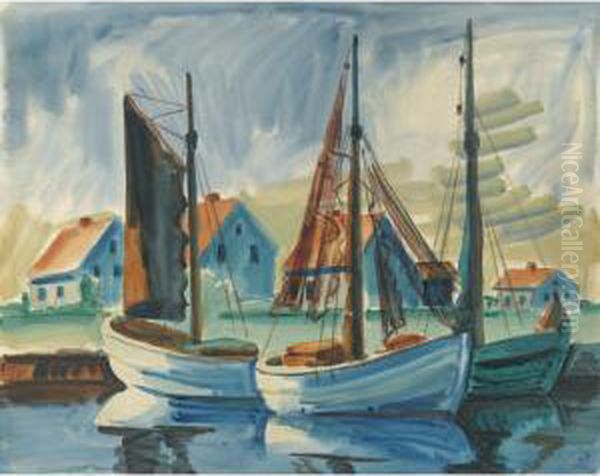 Segelschiffe Im Hafen (sailboats In The Harbour) Oil Painting by Hermann Max Pechstein