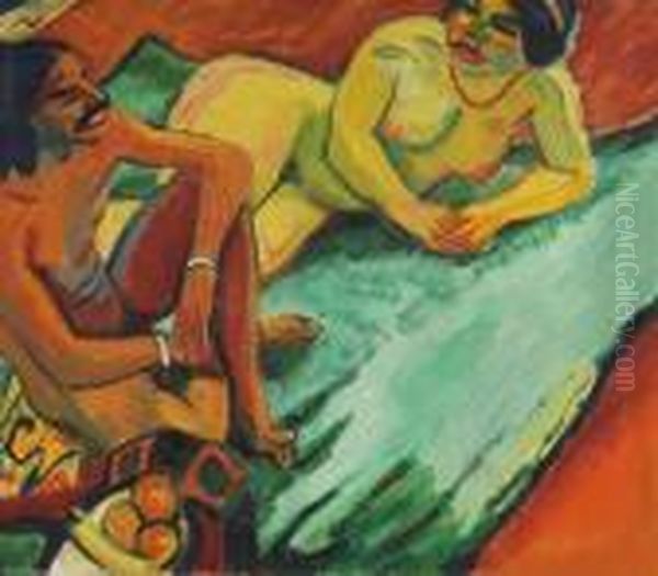 Weib Mit Inder Auf Teppich (vorderseite), Fruchte Ii (ruckseite). Oil Painting by Hermann Max Pechstein