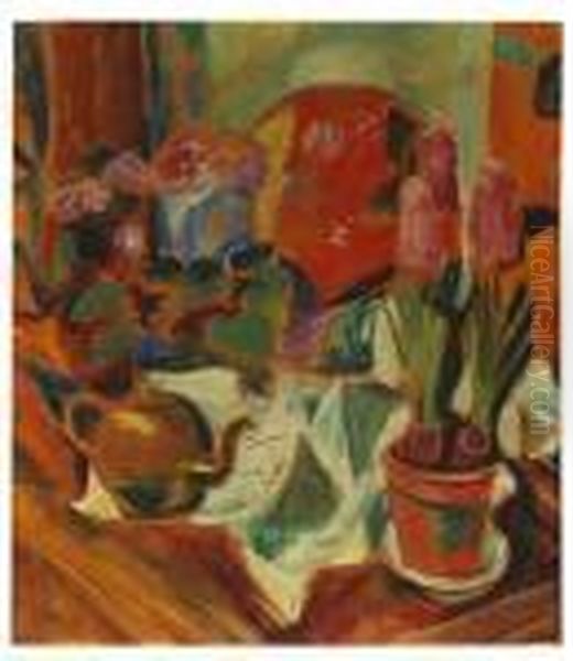 Stillleben Mit Facher Oil Painting by Hermann Max Pechstein