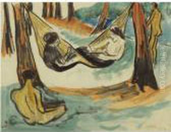 Zwei Madchen In Der Hangematte Viii (mit Sitzendem Mannlichenakt) Oil Painting by Hermann Max Pechstein