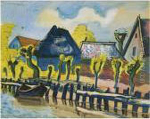 Fischerdorf Und Storchennest (fishing Village With Stork'snest) Oil Painting by Hermann Max Pechstein