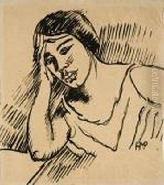 Frau Mit Aufgestutztem Kopf (lotte Pechstein) Oil Painting by Hermann Max Pechstein