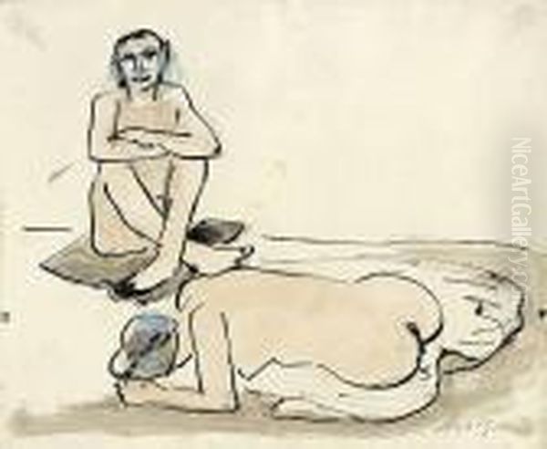 Sitzender Und Liegender Akt Oil Painting by Hermann Max Pechstein