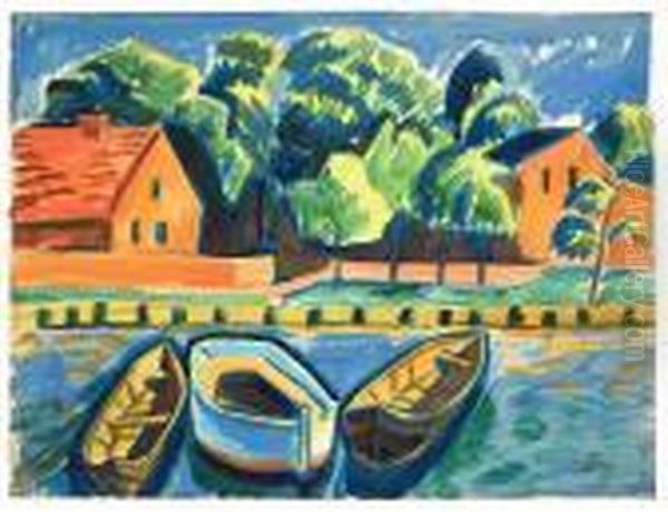 Drei Boote (leba) Oil Painting by Hermann Max Pechstein